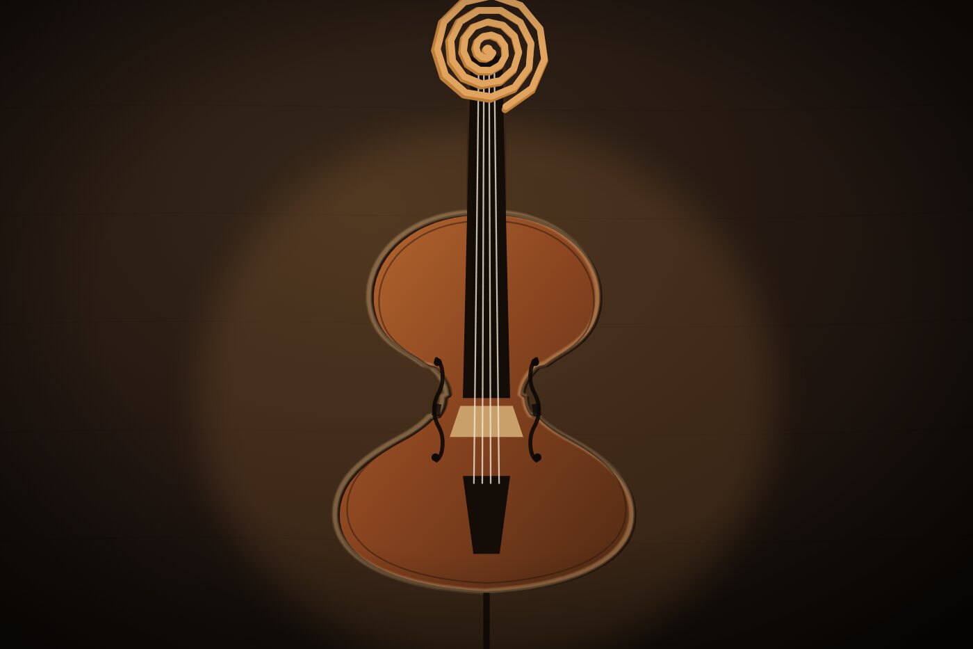 Handmade cello with deep ribs and warm amber varnish, front view