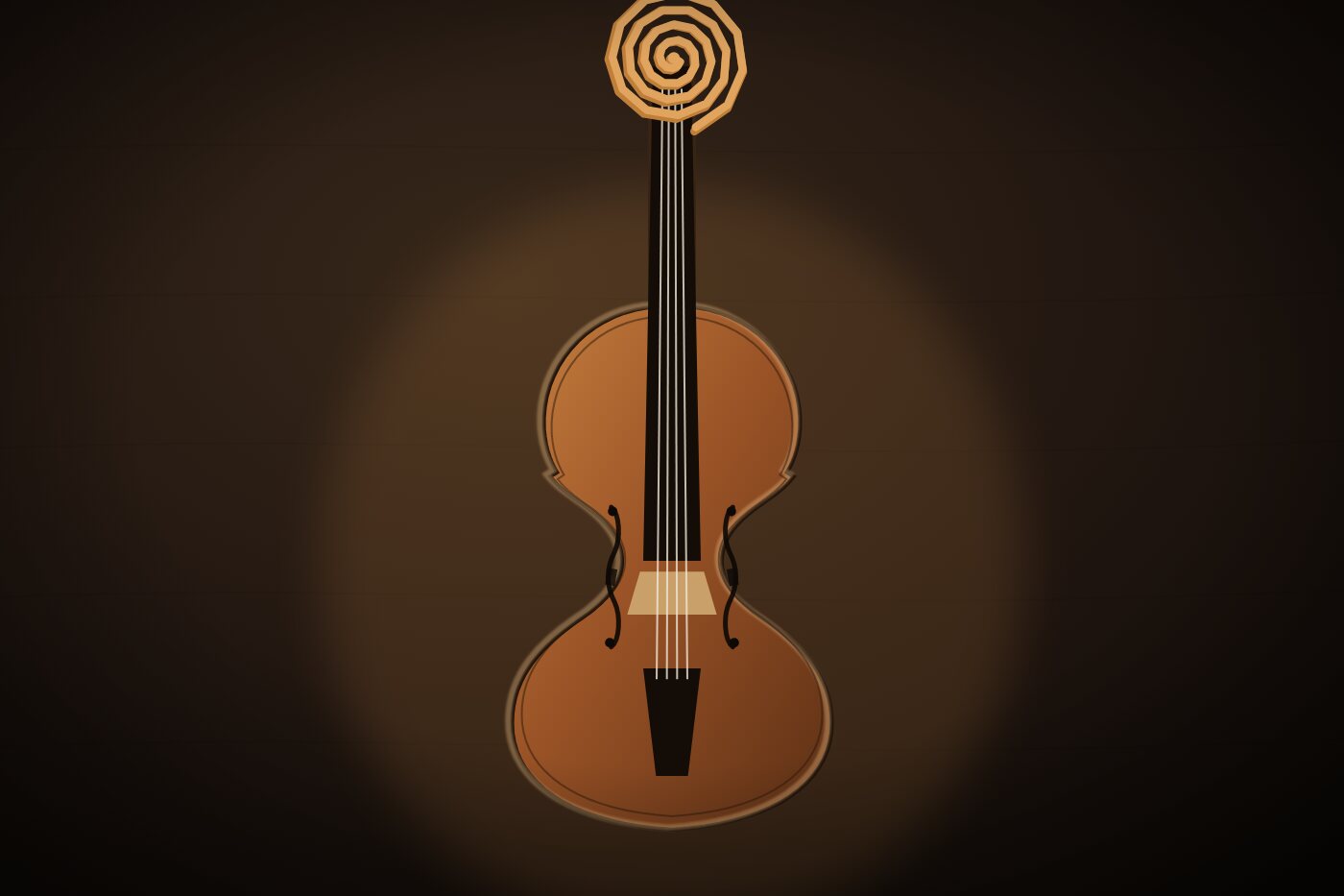 Handcrafted violin with a solid spruce top and warm amber varnish, front view